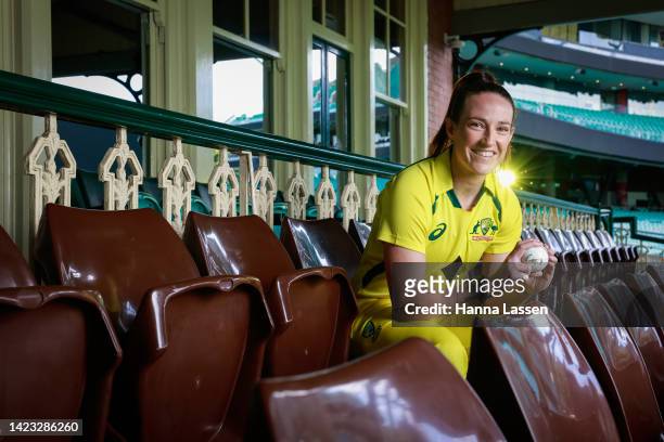 Megan Schutt of Australia poses during a portrait session with the Australian Women's International cricket squad at the Sydney Cricket Ground on...