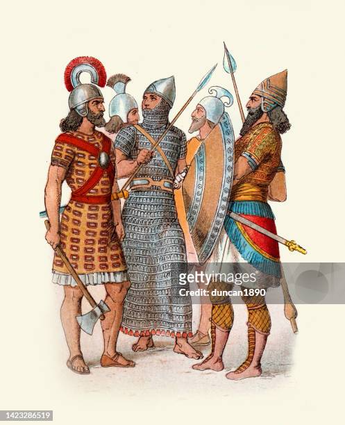 fashion of ancient assyria, armour and weapons of assyrian warriors, soldiers - mesopotamian art 幅插畫檔、美工圖案、卡通及圖標