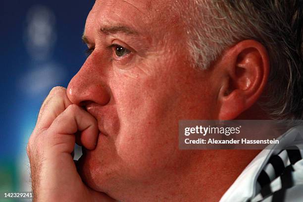 Didier Deschamps, head coach of Marseille looks on during a press conference at Allianz Arena on April 2, 2012 in Munich, Germany. Olympic Marseille...