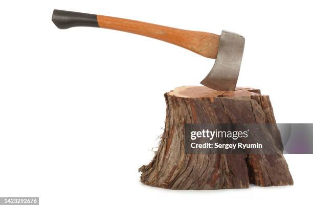 axe sticks out in log against white background - axe stock pictures, royalty-free photos & images