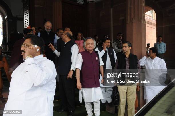 Congress leader Jairam Ramesh coming out of Parliament House in New Delhi.