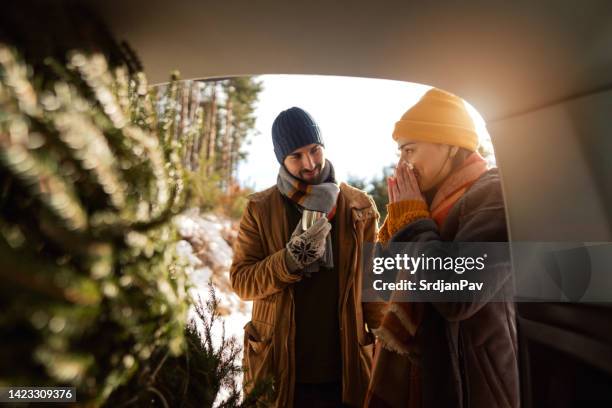 caucasian couple drinking tea aftfer they found a chrsitmas tree - tree man syndrome stock pictures, royalty-free photos & images