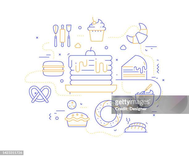 bakery related line style banner design for web page, headline, brochure, annual report and book cover - muffin stock illustrations