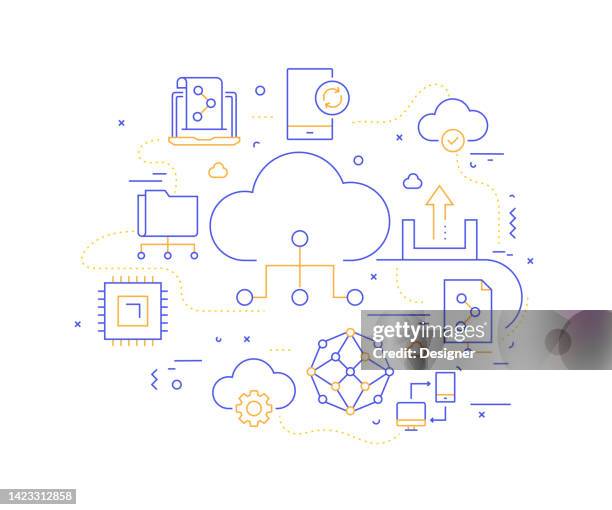 cloud technology related line style banner design for web page, headline, brochure, annual report and book cover - cloud computing stock illustrations