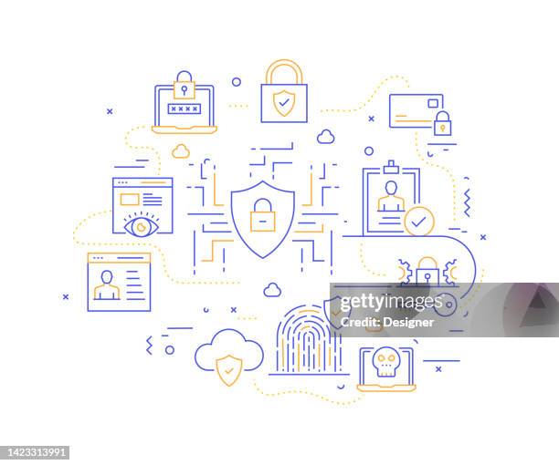 stockillustraties, clipart, cartoons en iconen met data security related line style banner design for web page, headline, brochure, annual report and book cover - versleuteling