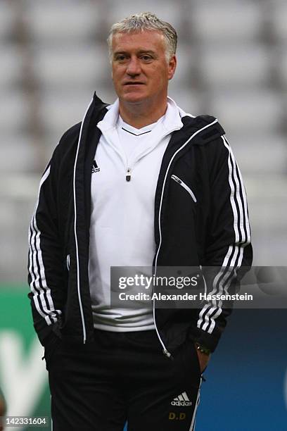 Didier Deschamps, head coach of Marseille looks on during a training session at Allianz Arena on April 2, 2012 in Munich, Germany. Olympic Marseille...