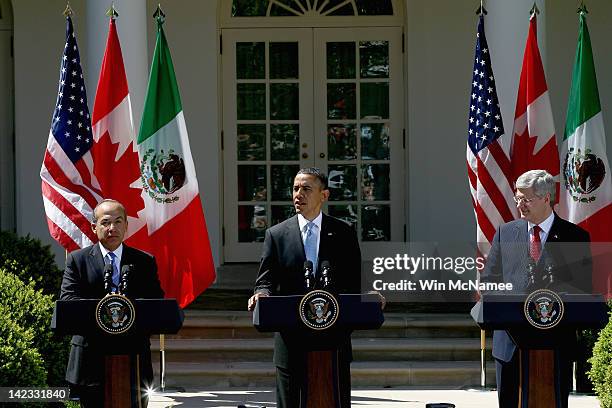 President Barack Obama speaks as Canadian Prime Minister Stephen Harper , and Mexican President Felipe Calderon participate in a joint press...