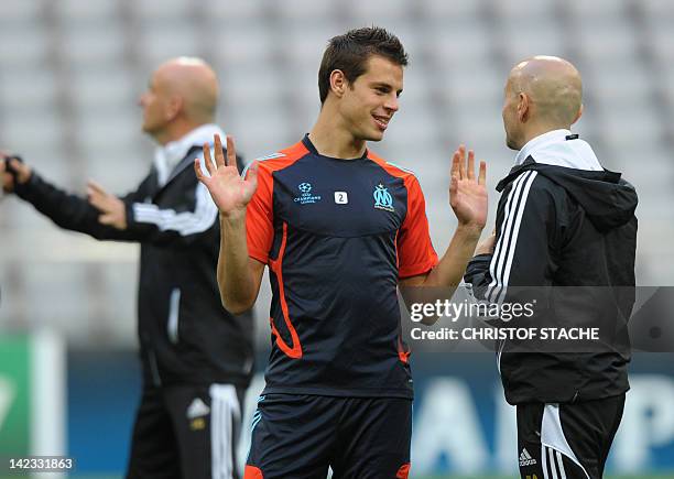 Marseille's Spanish defender Cesar Azpilicueta takes part in a training session on the eve of the UEFA Champions League quarter final, second leg...