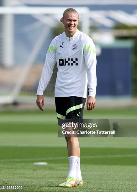 Erling Haaland of Manchester City reacts during a training session ahead of their UEFA Champions League group G match against Borussia Dortmund at...