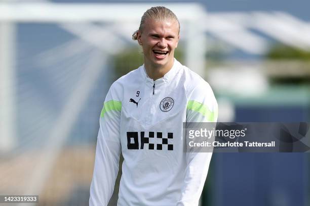Erling Haaland of Manchester City reacts during a training session ahead of their UEFA Champions League group G match against Borussia Dortmund at...