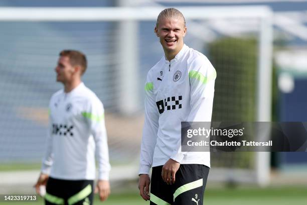 Erling Haaland of Manchester City reacts during a training session ahead of their UEFA Champions League group G match against Borussia Dortmund at...