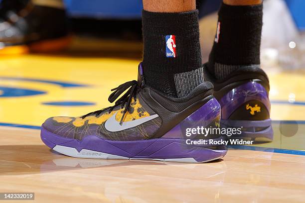 Close up shot of the shoes belonging to Kobe Bryant of the Los Angeles Lakers in a game against the Golden State Warriors on March 27, 2012 at Oracle...