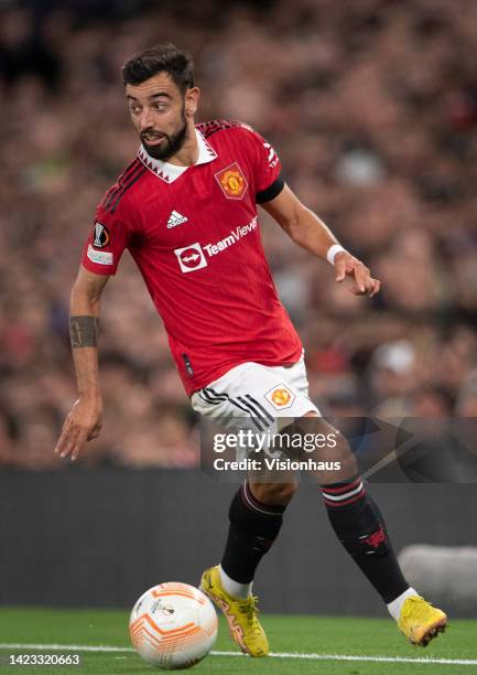 Bruno Fernandes of Manchester United in action during the UEFA Europa League group E match between Manchester United and Real Sociedad at Old...