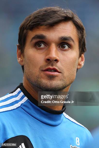Chris Wondolowski of the San Jose Earthquakes looks on prior to the match against the Seattle Sounders at CenturyLink Field on March 31, 2012 in...