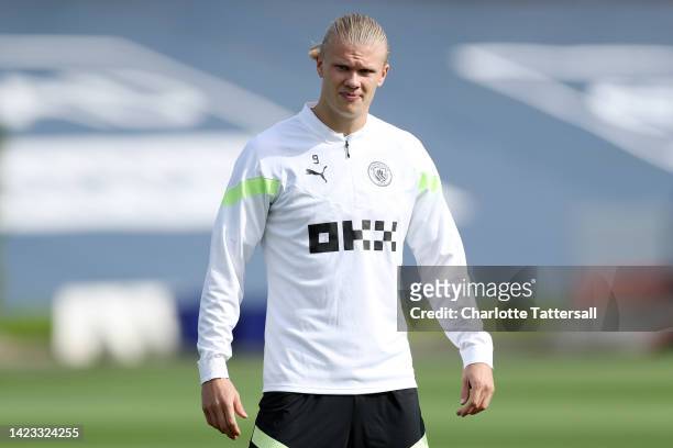 Erling Haaland of Manchester City looks on during a training session ahead of their UEFA Champions League group G match against Borussia Dortmund at...