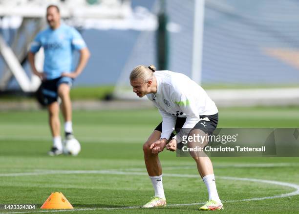 Erling Haaland of Manchester City reacts during a training session ahead of their UEFA Champions League group G match against Borussia Dortmund at...