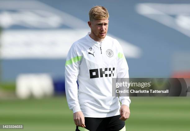 Kevin De Bruyne of Manchester City looks on during a training session ahead of their UEFA Champions League group G match against Borussia Dortmund at...