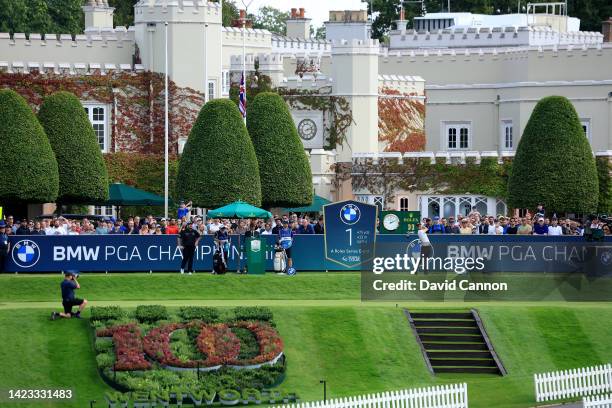 Matthew Jordan of England plays his tee shot on the first hole during the final round on day four of the BMW PGA Championship at Wentworth Golf Club...