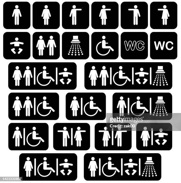 toilettenschilder und toilettensymbole - körperliche behinderung stock-grafiken, -clipart, -cartoons und -symbole