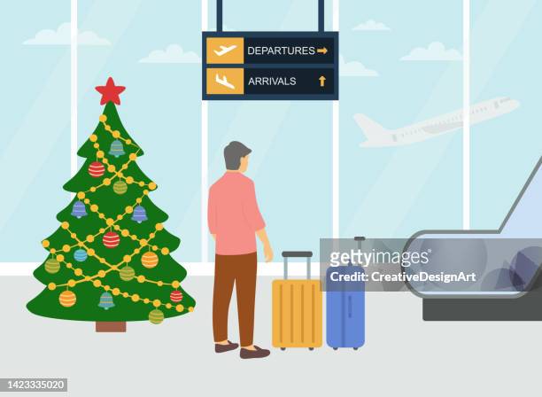 ilustraciones, imágenes clip art, dibujos animados e iconos de stock de concepto de vacaciones navideñas. aeropuerto con árbol de navidad, adornos y joven con maletas - escalator