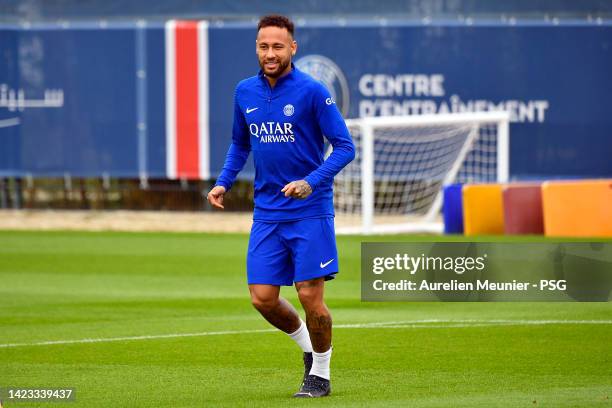 Neymar Jr warms up during a Paris Saint-Germain training session ahead of their UEFA Champions League group H match against Maccabi Haifa FC at PSG...