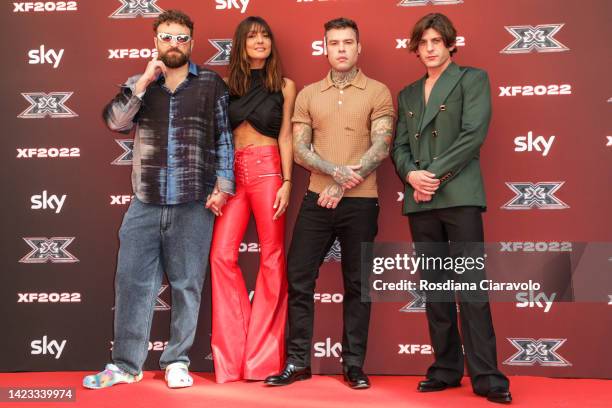Dargen D’Amico, Ambra Angiolini, Fedez and Rkomi attend the "X Factor 2022" photocall at Area Pergolesi on September 13, 2022 in Milan, Italy.