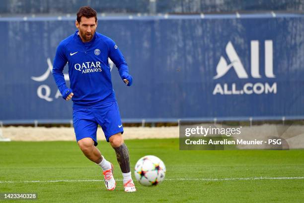 Leo Messi runs with the ball during a Paris Saint-Germain training session ahead of their UEFA Champions League group H match against Maccabi Haifa...