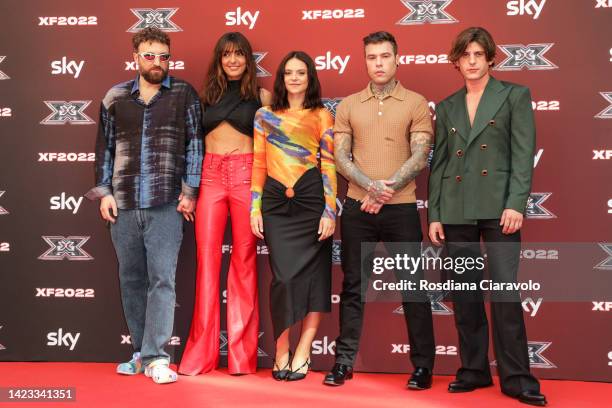 Dargen D’Amico, Ambra Angiolini, Francesca Michielin, Fedez and Rkomi attend the "X Factor 2022" photocall at Area Pergolesi on September 13, 2022 in...