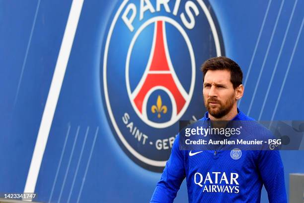 Leo Messi looks on during a Paris Saint-Germain training session ahead of their UEFA Champions League group H match against Maccabi Haifa FC at PSG...