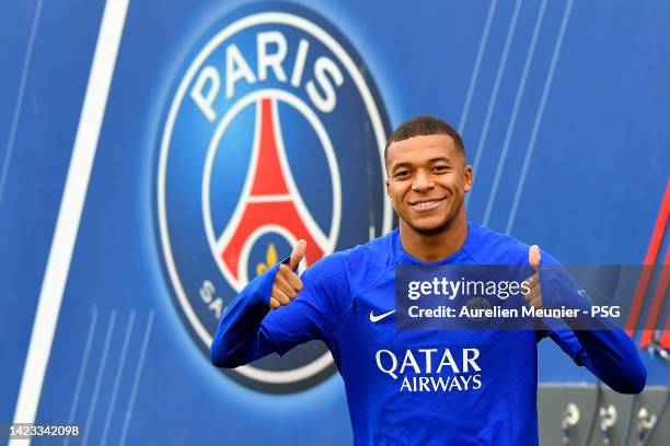 Kylian Mbappe reacts during a Paris Saint-Germain training session ahead of their UEFA Champions League group H match against Maccabi Haifa FC at PSG...