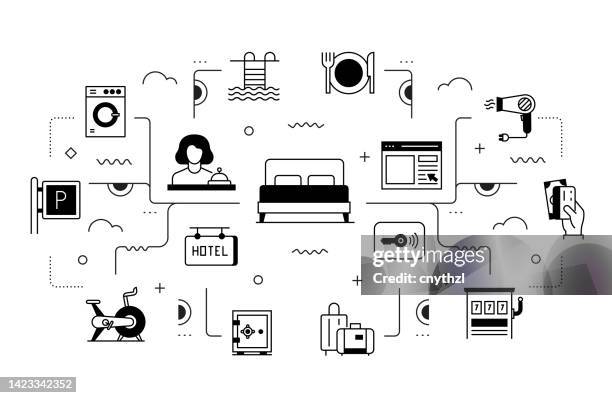 hotel services related vector banner design concept, modern line style with icons - concierge stock illustrations