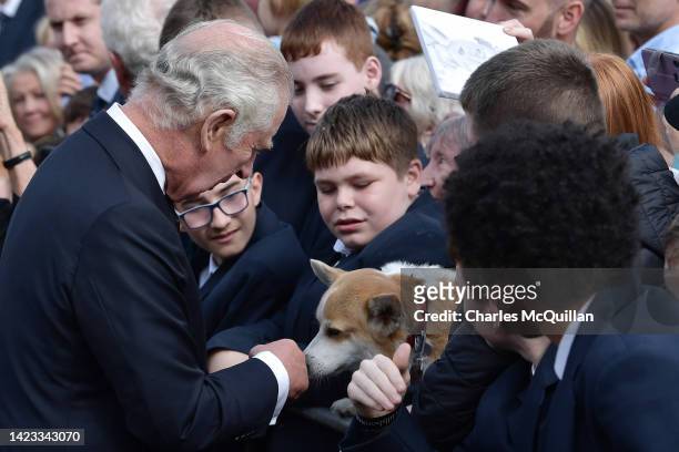 His Majesty King Charles III accompanied by Camilla, Queen Consort is greeted by members of the public including a woman with her pet corgi called...