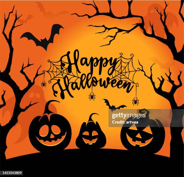 ilustrações de stock, clip art, desenhos animados e ícones de happy halloween orange background - teia de aranha