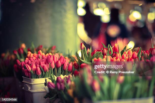 flower buckets - pike place market flowers stock pictures, royalty-free photos & images