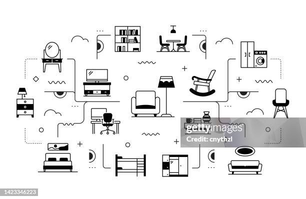 家具関連ベクトルバナーデザインコンセプト、アイコン付きモダンラインスタイル - くつろぐ点のイラスト素材／クリップアート素材／マンガ素材／アイコン素材