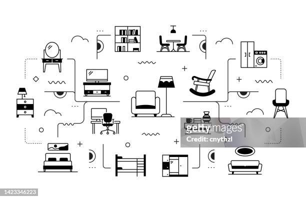 stockillustraties, clipart, cartoons en iconen met furniture related vector banner design concept, modern line style with icons - apartment no furniture