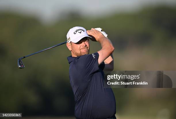 David Drysdale of Scotland plays a shot in practice prior to the DS Automobiles Italian Open 2022 at Marco Simone Golf Club on September 13, 2022 in...