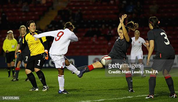 Nikita Parris of England scores a goal during the UEFA European Women's U19 Championship Qualifier match between England and Wales at Sincil Bank...