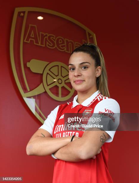 Gio Queiroz signs for Arsenal Women at the Arsenal Training Ground in London Colney on September 08, 2022 in St Albans, England.