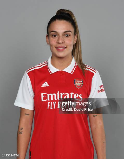Gio Queiroz signs for Arsenal Women at the Arsenal Training Ground in London Colney on September 08, 2022 in St Albans, England.
