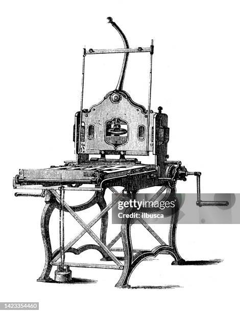 antique illustration, applied mechanics and machines: lithograph press - printing out stock illustrations