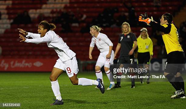 Nikita Parris of England celebrates her goal during the UEFA European Women's U19 Championship Qualifier match between England and Wales at Sincil...