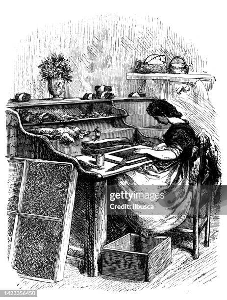 antique illustration, applied mechanics and machines: tobacco industry - tobacconists stock illustrations