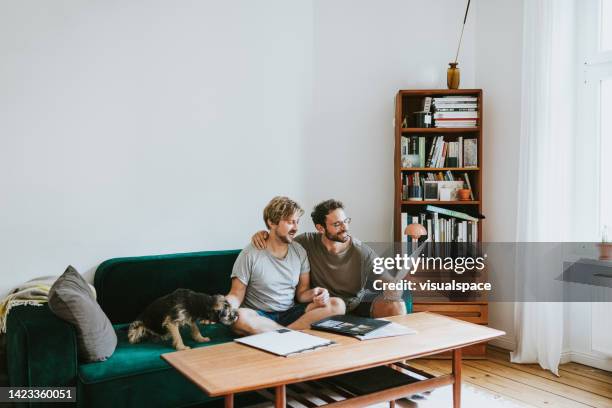 male couple spending leisure time at home - beautiful gay men stock pictures, royalty-free photos & images