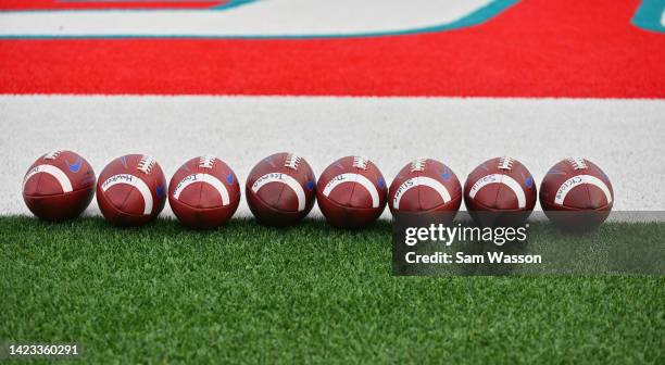 Nike footballs are lined up on the field before a game between the Boise State Broncos and the New Mexico Lobos at University Stadium on September...