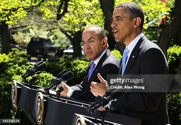 President Barack Obama and Mexican President Felipe Calderon participate in a joint press conference in the Rose Garden of the White House April 2,...