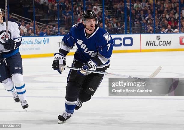 Brett Clark of the Tampa Bay Lightning skates against the Winnipeg Jets at the St. Pete Times Forum on March 31, 2012 in Tampa, Florida.