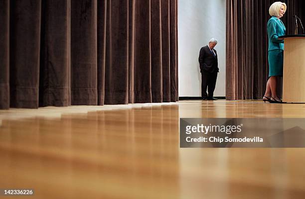 Republican presidential candidate, former House Speaker Newt Gingrich waits back stage while his wife, Callista Gingrich, introduces him during a...