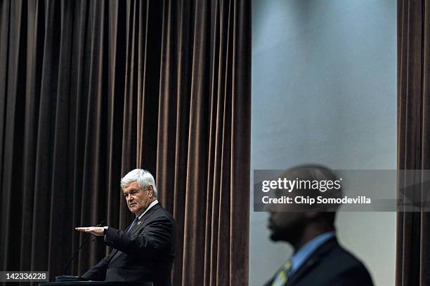 Republican presidential candidate, former House Speaker Newt Gingrich addresses a campaign town hall-style meeting at the Hodson Auditorium on the...