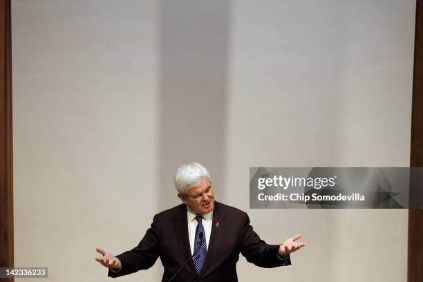 Republican presidential candidate, former House Speaker Newt Gingrich addresses a campaign town hall-style meeting at the Hodson Auditorium on the...